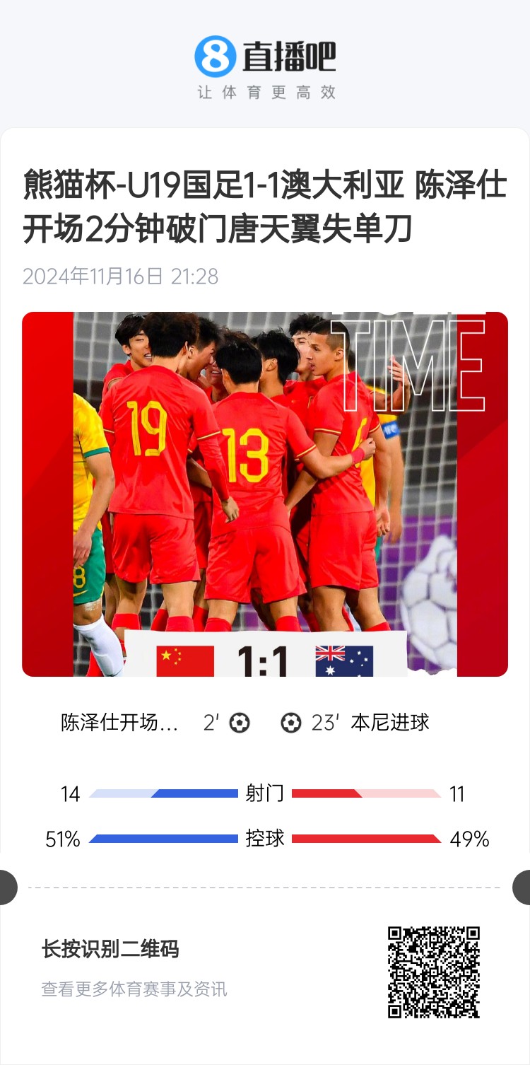 二番戰(zhàn)！U20國青與澳大利亞去年熊貓杯剛有過交手，雙方1-1戰(zhàn)平