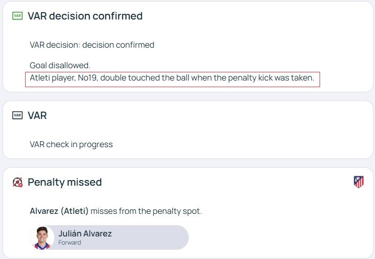 官方明確！歐冠官網(wǎng)：阿爾瓦雷斯罰點(diǎn)時2次觸球，VAR決定進(jìn)球無效