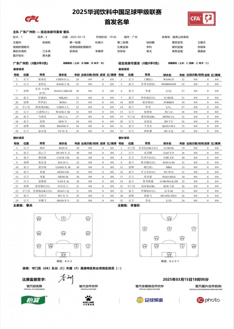 廣州豹vs延邊龍鼎首發(fā)：卡洛斯、羅薩、尼康三外援領(lǐng)銜廣州豹