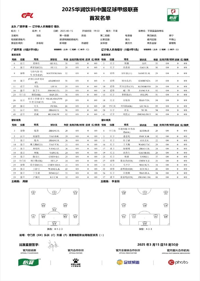 中甲-廣西平果vs遼寧鐵人首發(fā)：三外援對決三外援，安以恩出戰(zhàn)